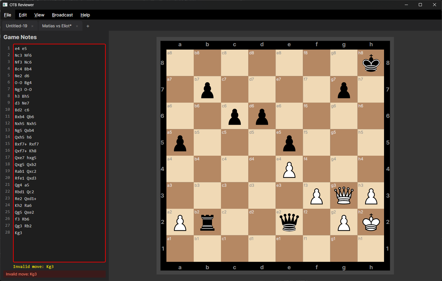 OTB Reviewer screenshot showing move entry with error detection and live board